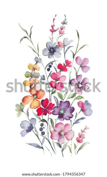 watercolor painting of colorful flowers on white background