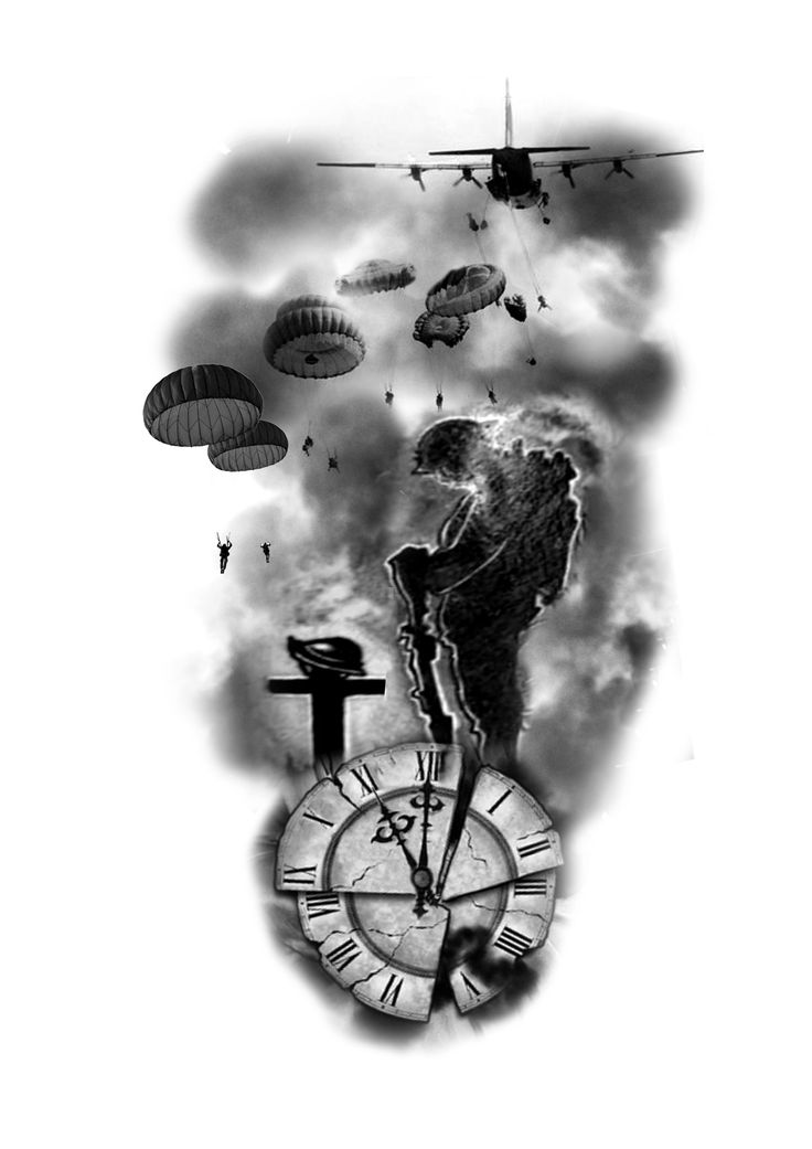 a black and white drawing of an angel on top of a clock with parachutes in the background