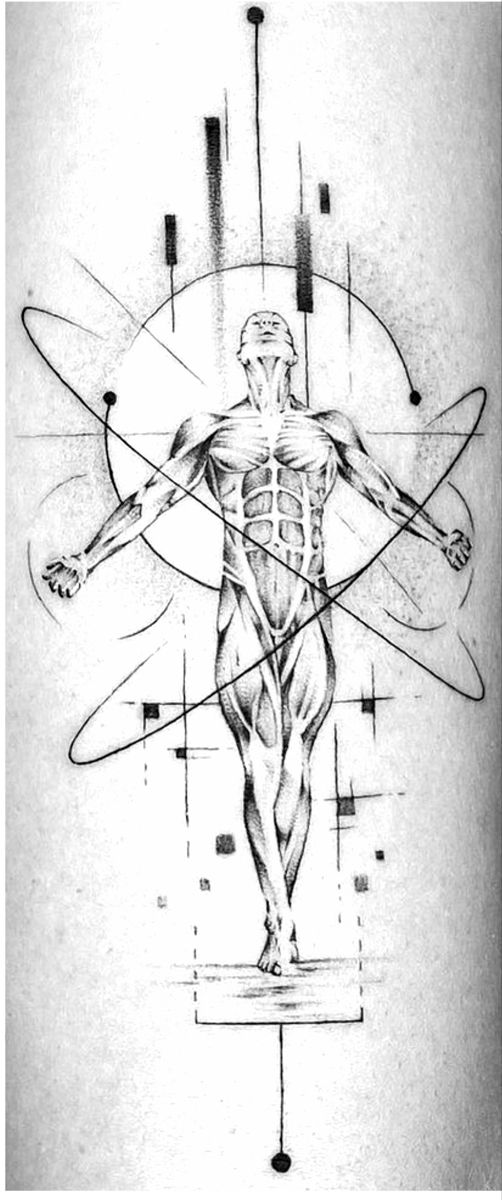 a black and white drawing of a man's body with lines in the middle