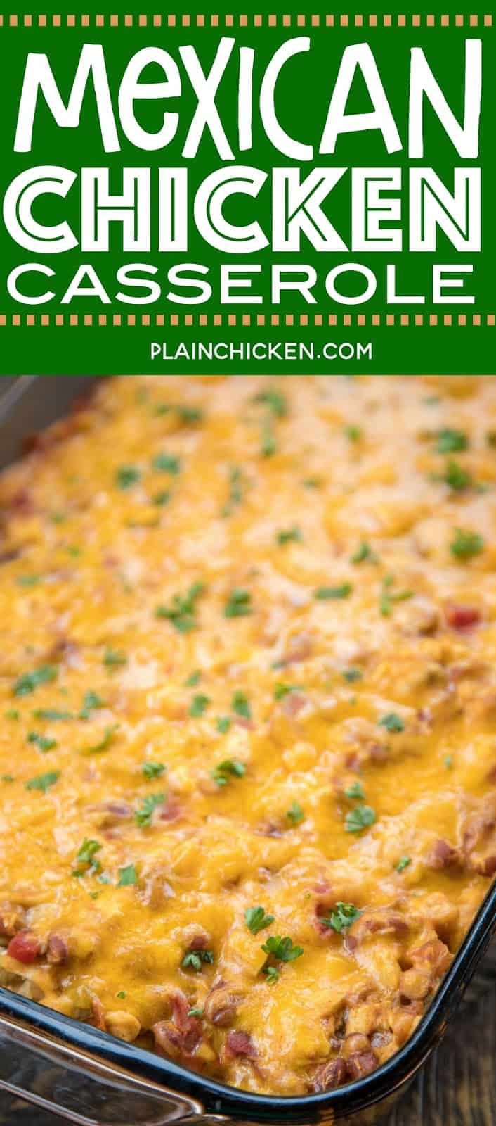 mexican chicken casserole in a glass baking dish on a wooden table with text overlay