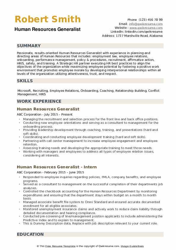 the human resources generalist resume is shown in this file, it shows an image of a