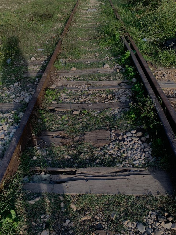 an old train track with grass growing on it