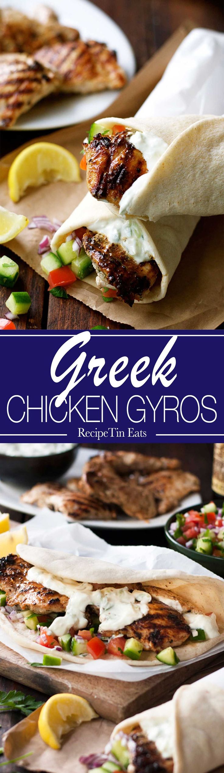 grilled chicken gyros are served on tortillas with lemon wedges