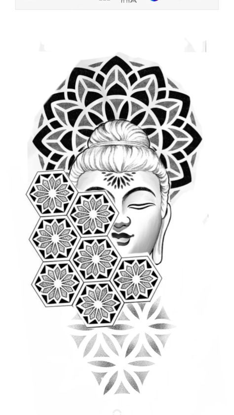 an image of a buddha face on the back of a cell phone, with geometric designs around it