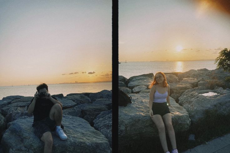 two pictures of a woman sitting on rocks with the sun setting in the background and another person taking a photo