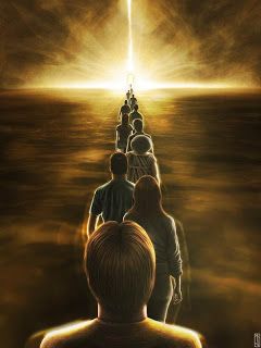 a group of people standing in the middle of a body of water with a bright light coming from behind them