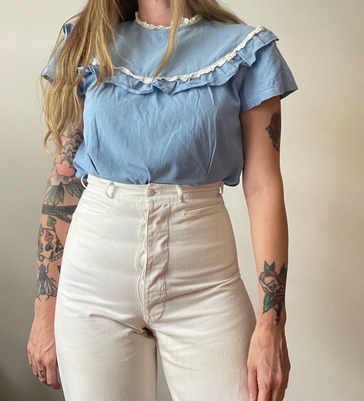 cornflower blue cotton blouse with ruffled placket and itty bitty white cotton lace trim.  No tag, likely homemade. 100% cotton   MEASUREMENTS  41 bust 20 length 16 inch sleeve opening  CONDITION  Good. lots of small mends on this girl. a few small spots as well, nothing major, not very noticeable but she is not pristine. strong wearable cotton Girl A, Cotton Blouse, Cornflower Blue, Itty Bitty, Cotton Blouses, Cotton Lace, White Cotton, Womens Clothing Tops, Lace Trim