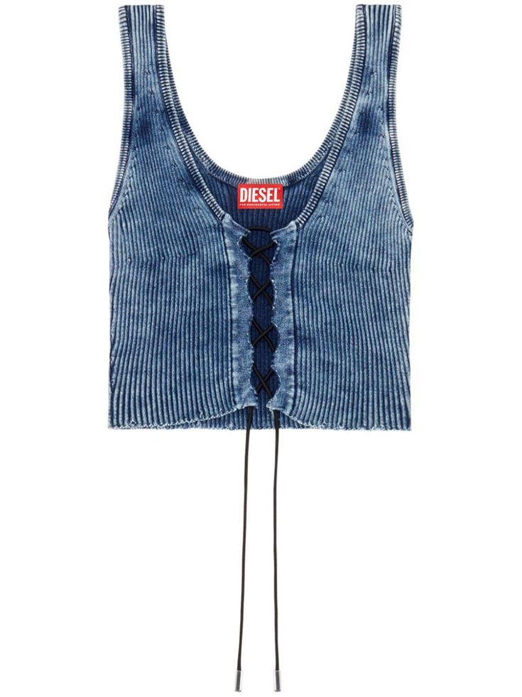 blue organic cotton ribbed knit Oval D logo plaque cropped lace-up front sleeveless ribbed hem Diesel Outfit, Chloe 2024, Aesthetic Fits, Versace Outfit, City Dress, Organic Materials, Summer Beach Wear, Outfit Summer, Denim Dress