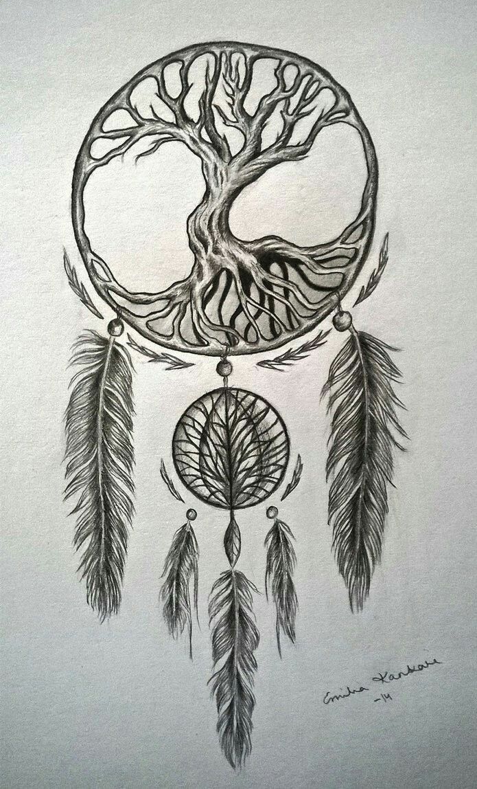 a drawing of a tree with branches and a dream catcher hanging from it's side