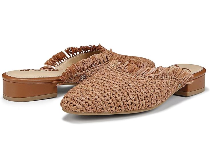 Women's Sam Edelman Reeta Spring Slip-on Heels With Woven Sole, Beige Casual Mules With Low Heel, Casual Beige Low Heel Mules, Spring Leather Heels With Tassels, Chic Closed Toe Slip-ons For Summer, Chic Open Toe Slip-ons For Summer, Leather Summer Heels With Tassels, Summer Leather Heels With Tassels, Trendy Cushioned Slip-ons For Spring