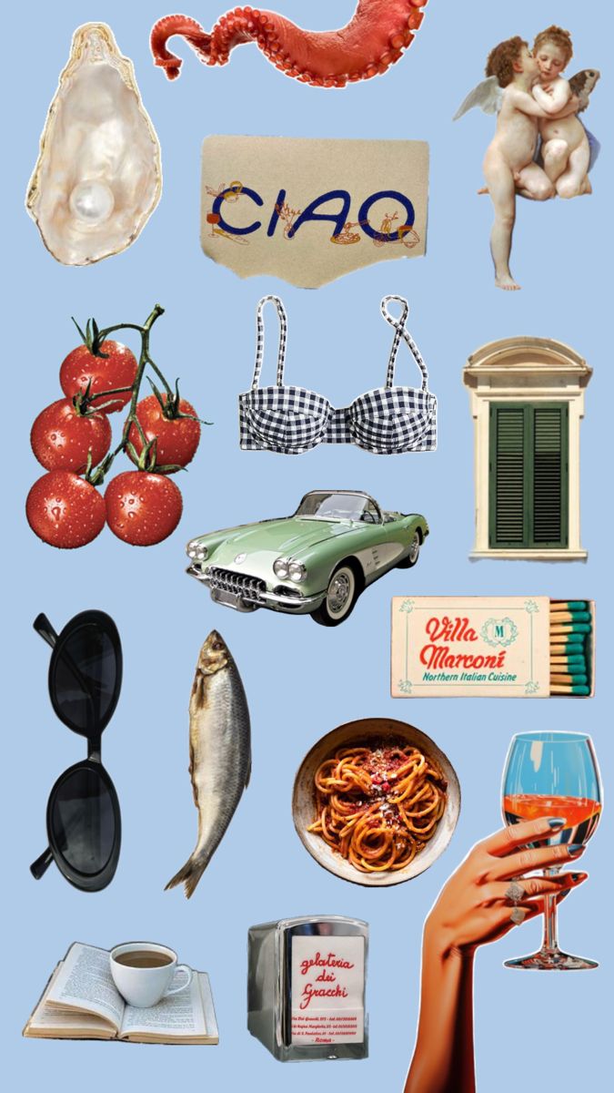 a collage of various items that include food, wine glasses and other things to eat