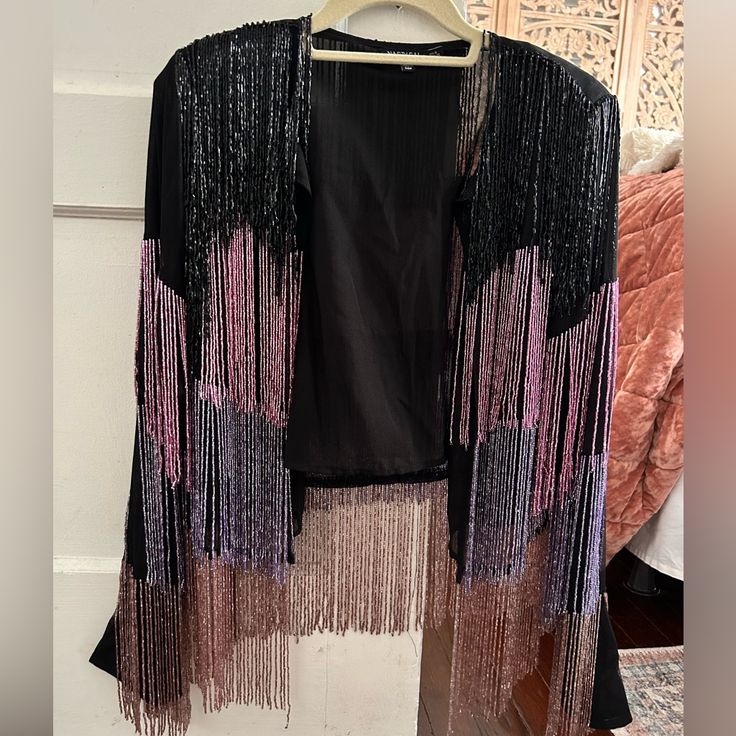 Size 4 Worn Once Purple Outerwear For Spring Night Out, Purple Outerwear For Evening In Fall, Pink Outerwear For Evening In Fall, Pink Winter Evening Outerwear, Pink Evening Outerwear For Fall, Pink Fall Evening Outerwear, Pink Black, Black Pink, Size 4