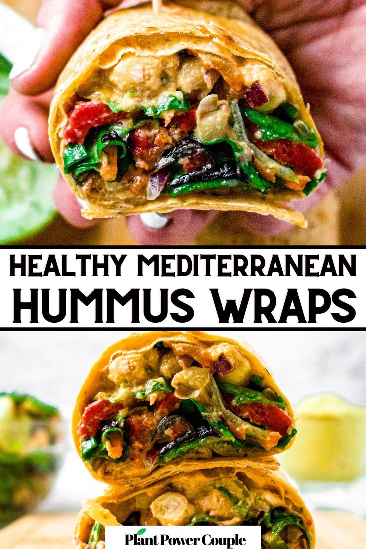 the healthy mediterranean hummus wraps are made with pita bread and vegetables