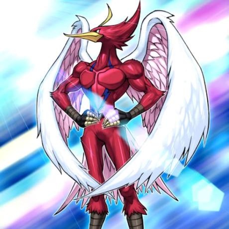 an anime character in red and white with wings