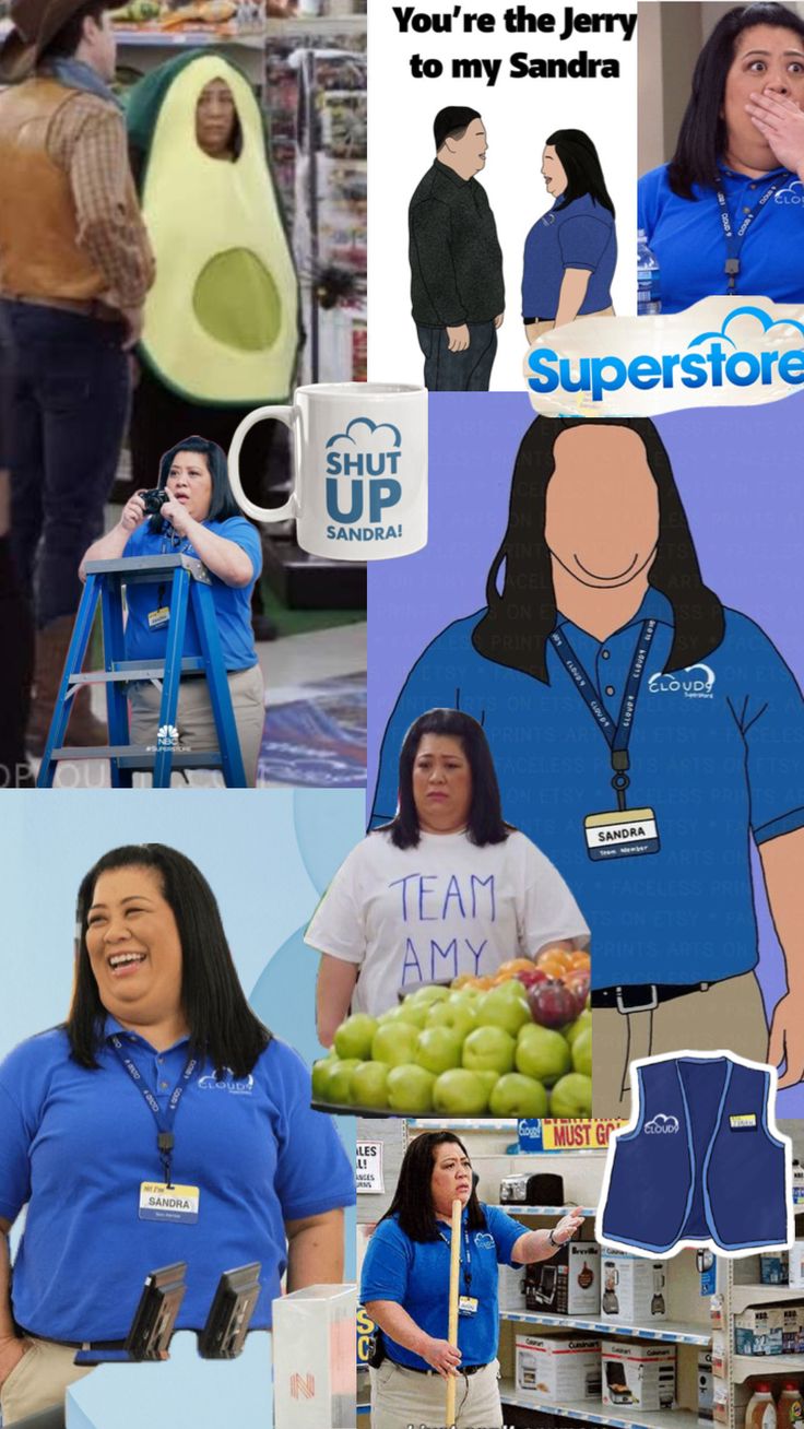 the collage has pictures of people in blue shirts, and one is holding a shopping cart