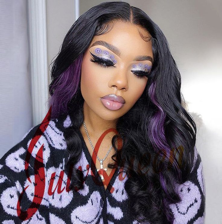 Dark Purple Highlights, Skunk Stripe Hair, Stripe Hair, Frontal Wig Body Wave, Skunk Hair, Skunk Stripe, Hair Care Oil, Purple Wig, Purple Highlights