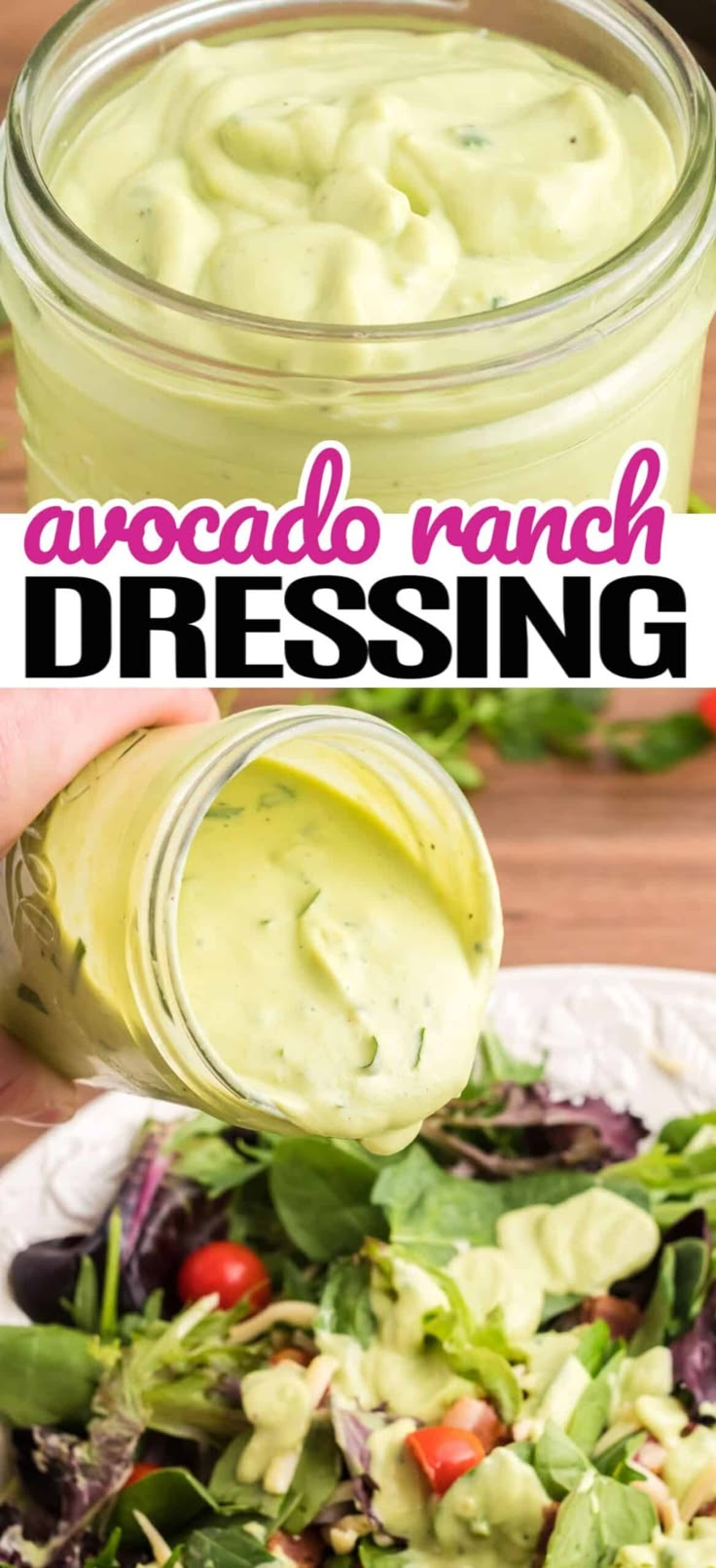 avocado ranch dressing in a mason jar being drizzled over a salad