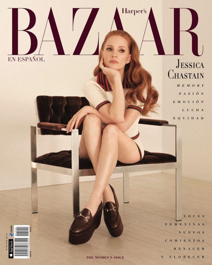 a woman sitting in a chair on the cover of bazaar magazine, with her legs crossed