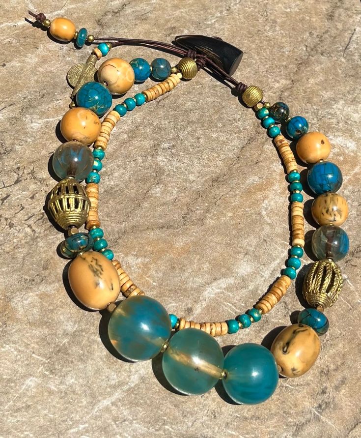 Bohemian Necklace Vintage Resin and African Tribal Beads Bohemian Chic Jewelry, African Brass Beads, Citrine Earrings, Boho Chic Jewelry, Bohemian Bracelets, Bohemian Necklace, Free Style, Resin Necklace, Jewelry Design Necklace