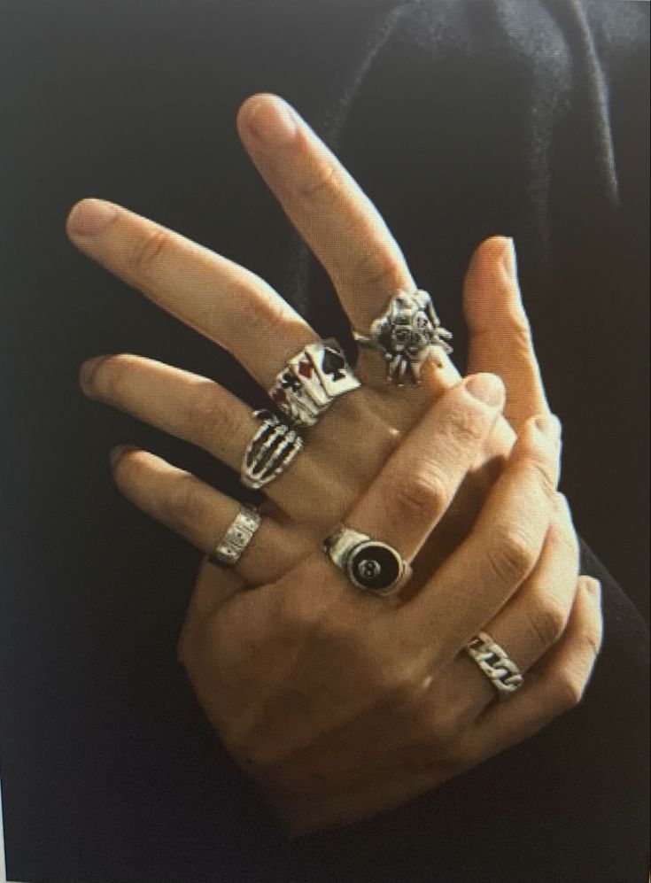 Rings On Fingers Aesthetic Men, Men Hands Rings, Man With Rings Aesthetic, Man Wearing Rings, Masculine Hands With Rings, Man's Hand With Rings, Rings Man Aesthetic, Guy With Rings, Hands With Rings Aesthetic Men