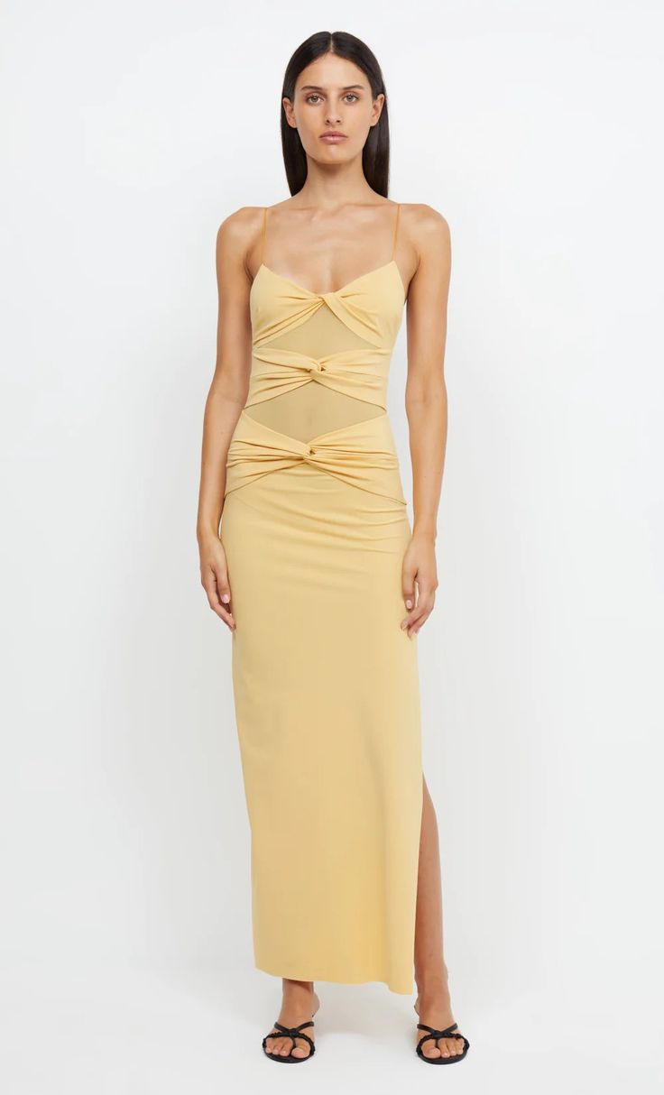 MONTANA TWIST MAXI DRESS - STRAW – BEC + BRIDGE US Chic Ruched Dress With Cut-out Waist, Ruched Dress With Cut-out Waist For Night Out, Ruched Evening Dress With Cut-out Waist, Fitted Twist Front Maxi Dress, Sheer Draped Spring Dresses, Ruched Dresses For Night Out With Cut-out Waist, Spring Sheer Draped Dresses, Ruched Cut-out Waist Dress For Night Out, Evening Draped Twist Front Dresses