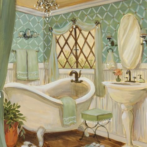 a painting of a bathtub and sink in a bathroom with green curtains on the windows