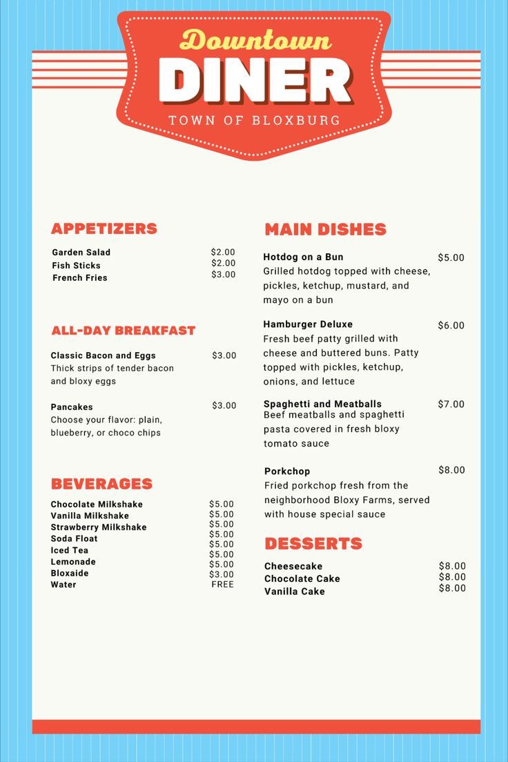 the menu for downtown diner is shown in red and blue