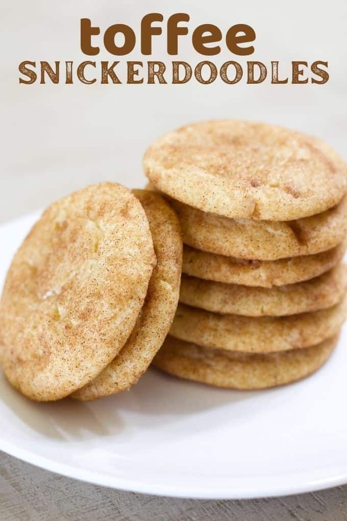 a stack of cookies on a plate with the words toffee snickkerdoodleles