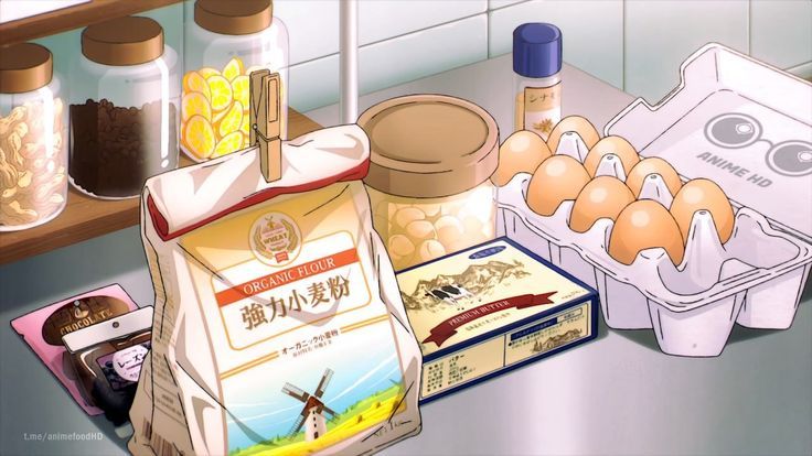 an illustration of eggs, flour and other food items on a kitchen counter with shelves