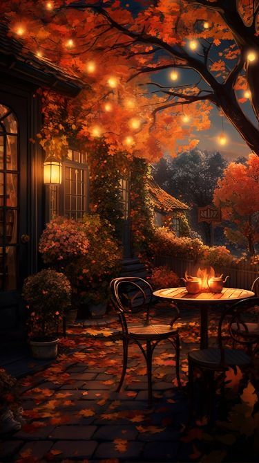 an autumn scene with two tables and chairs in the foreground, lit by lanterns