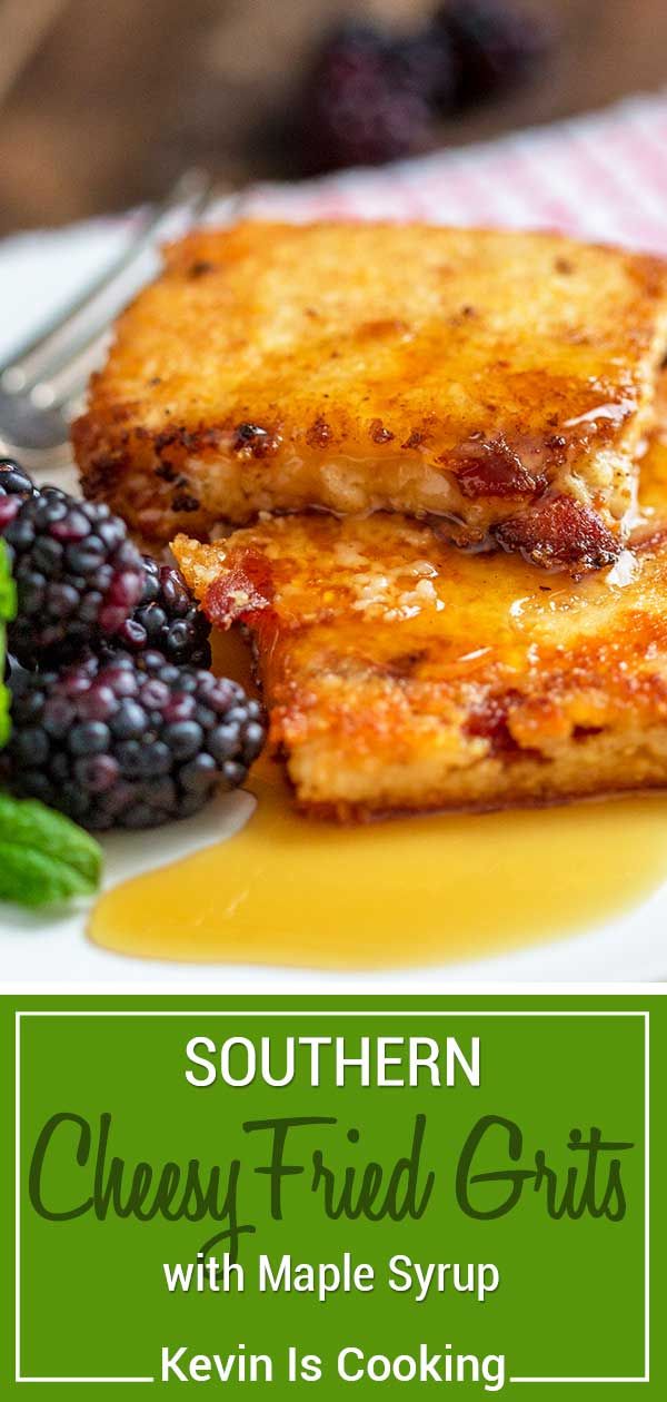 southern cheesy fried grits with maple syrup and blackberries on a white plate