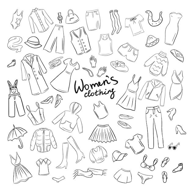 women's clothing hand drawn in black and white