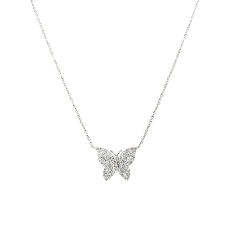 Pave Diamond Butterfly Chain Necklace  14K White Gold 0.36 Diamond Carat Weight Butterfly: 0.50 Long X 0.75'' Wide Chain: 16-18 Long Fine Jewelry White Gold Clavicle Chain Necklace, White Gold Clavicle Chain Necklace, Formal White Gold Butterfly Necklace, Diamond Pendant Chain Necklace, Silver Diamond Clavicle Chain Necklace In 14k Gold, Formal White Gold Butterfly Pendant Necklace, Formal Diamond Charm Necklace, Formal Fine Jewelry Butterfly Pendant Necklace, Formal Butterfly Pendant Necklace In Fine Jewelry Style