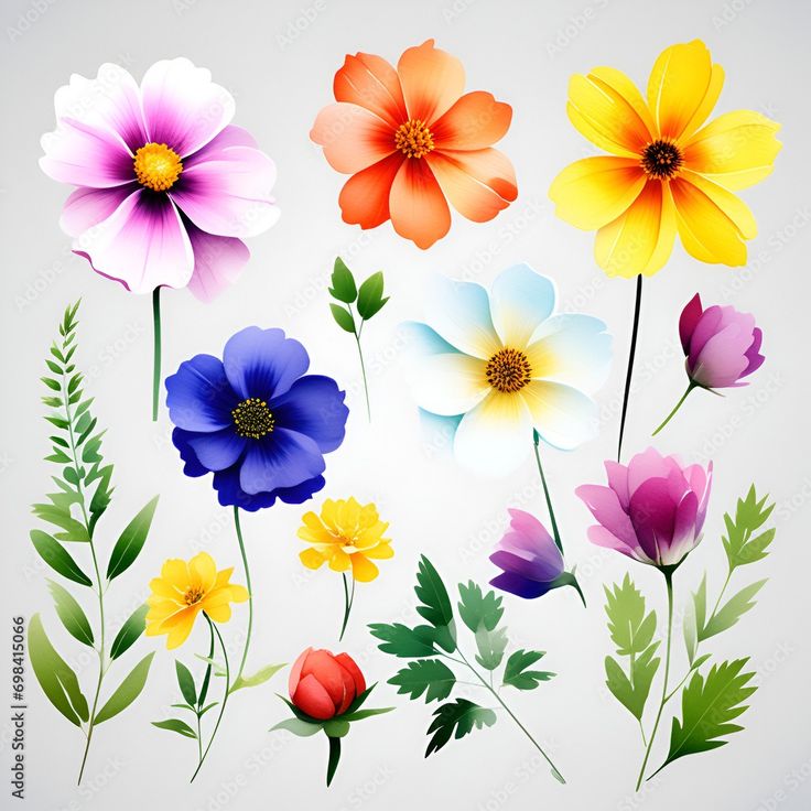 an assortment of colorful flowers on a white background