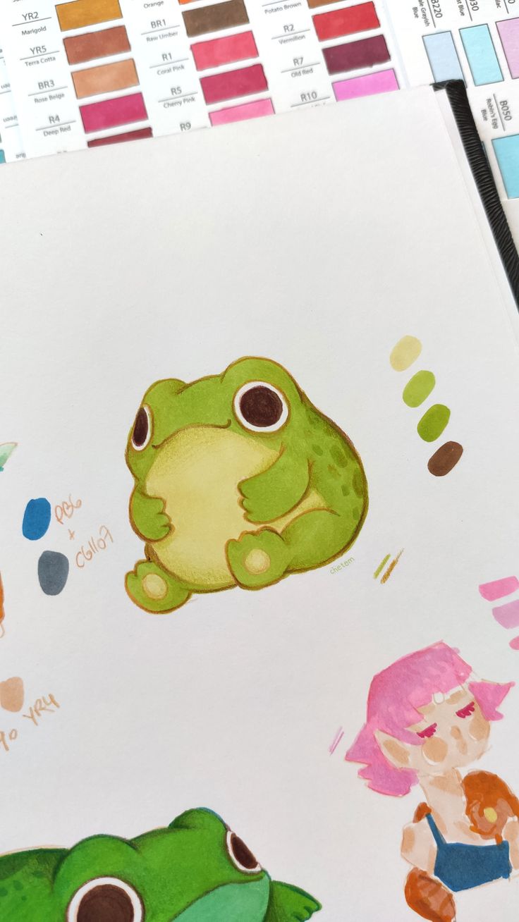 colorful green adorable frog frogs toad rana sketchbook traditional art illustration copic marker ohuhu alcohol markers pad drawn on sketchpad with colored pencils prismacolor and pilot color eno pencil by chetom Cute Colored Doodles, Art Ideas With Pencil, Round Animals Drawing, Watercolor Frog Cute, Cute Color Pencil Art, Kawaii Frog Art, Frog Marker Drawing, Marker And Pencil Art, Stuff To Draw With Colored Pencils