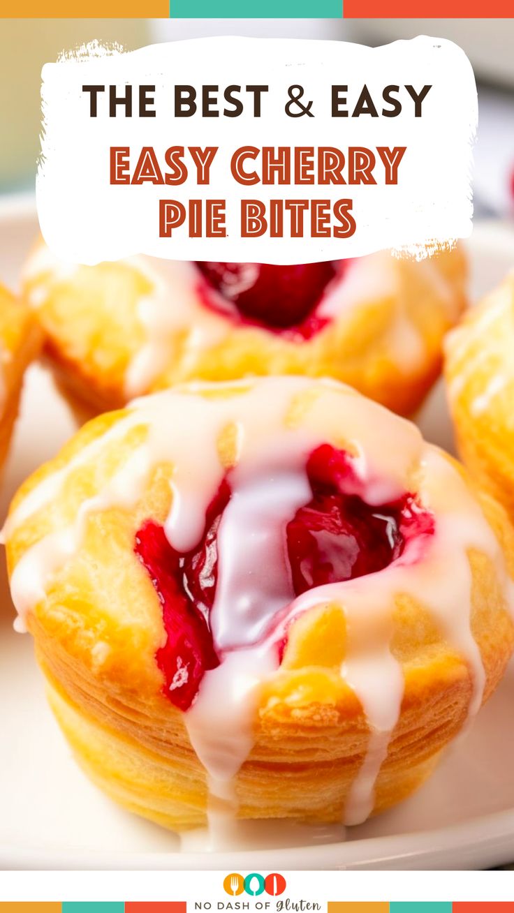 the best and easy easy cherry pie bites are on a white plate with text overlay