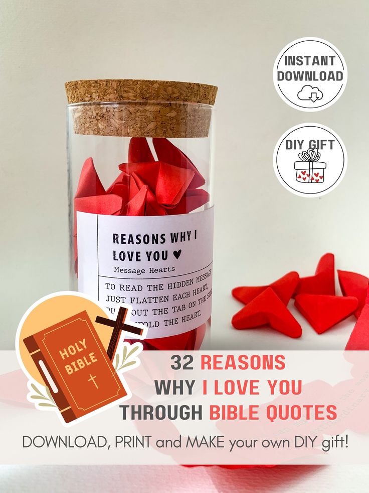 🤍 Download and Print  🤍 Make love note hearts 🤍 Place in a jar or gift box 🤍 Put a label on it  🤍 Give to a loved one 🤍 Look this printable DIY gift set for your boyfriend or husband: "32 Reasons Why I Love You Through Bible Quotes"! This set includes 32 heartfelt reasons why you love him, each expressed through a carefully selected Bible quote, presented in love note hearts ready for printing. It's the perfect relationship gift for anniversaries or birthdays, especially for Christian part Boyfriend Gift Birthday, Gift For Husband Anniversary, Bible Verse Quotes, Reasons Why I Love You, Cute Origami, Diy Gift Set, Husband Anniversary, Notes Gift, Why I Love You