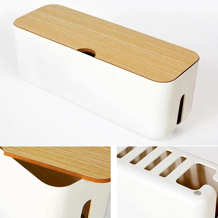 two pictures of a wooden and white container