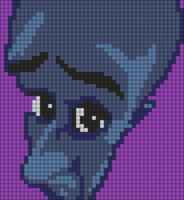 an image of a blue dog with big eyes on a purple background that is made up of squares