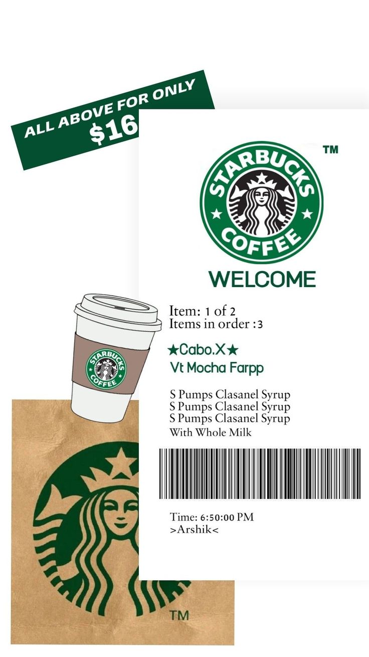 the starbucks welcome card is shown in green and white, as well as an image of a cup of coffee