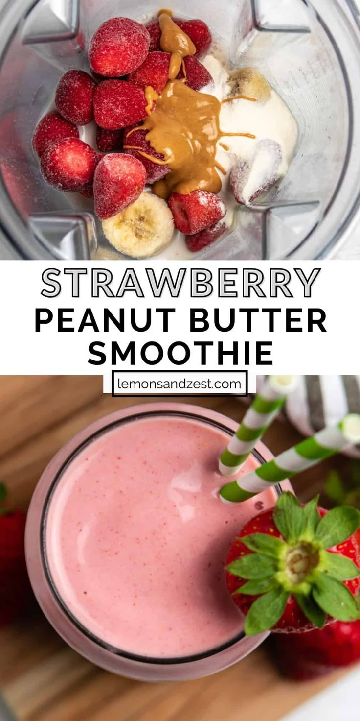 strawberry and peanut butter smoothie in a blender with strawberries on the side