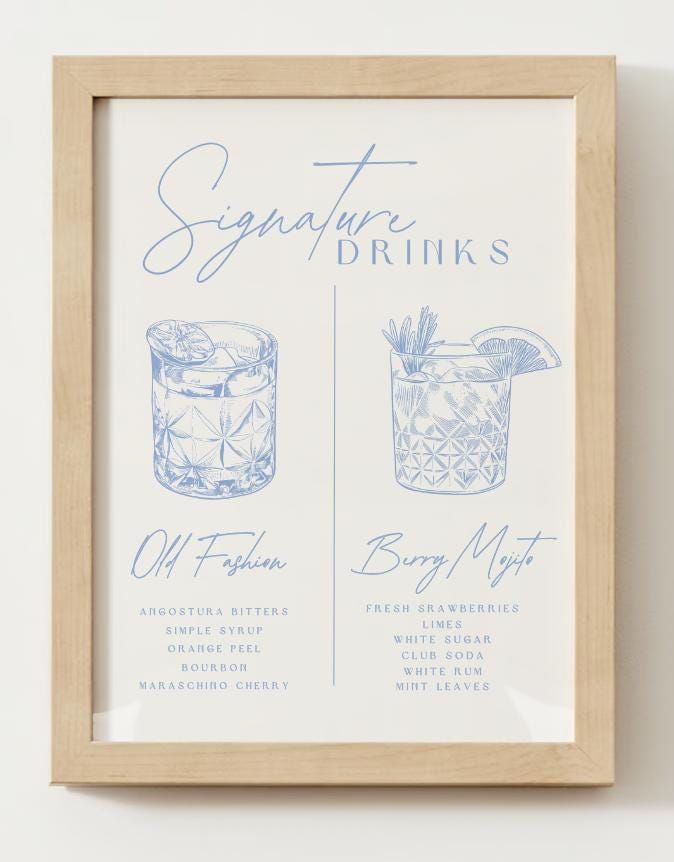 a framed sign that says signature drinks and an old fashioned cocktail glass with pineapple, blueberry & rosemary