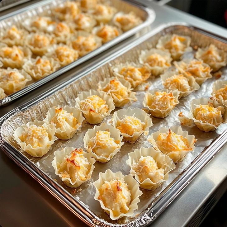 several trays of food sitting on top of a counter next to each other in pans