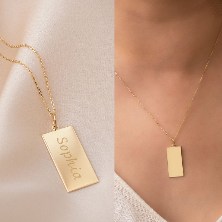 14k Solid Gold Custom Rectangular Tag Necklace, Personalized Name Charm Necklace is Available for Name Coordinate Date or Handwriting Names. There is no additional charge for engraving. This modern style rectangular Dog Tag Personalized necklace is a nice gift for her, gift for women, Gift for graduation, gift for a new mom, and gift for Christmas. The Rectangle pendant is two-sided. The backside of the pendant is engravable. The bar and the chain is 14k solid gold. The material is not gold fill Classic Rectangular Jewelry For Personalized Gifts, Elegant Personalized Necklace With Rectangular Links, Personalized Yellow Gold Jewelry With Rectangular Shape, Personalized Gift Rectangular 14k Gold Jewelry, Gold Rectangular Minimalist Name Necklace, Yellow Gold Engraved Rectangular Pendant Necklace, Personalized Yellow Gold Rectangular Jewelry, Classic Gold Necklace With Rectangular Pendant, Yellow Gold Necklace With Rectangular Pendant