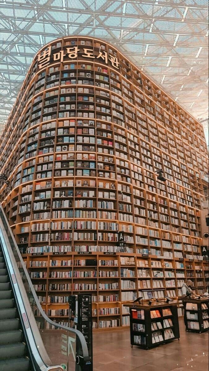 an escalator in front of a large building filled with books