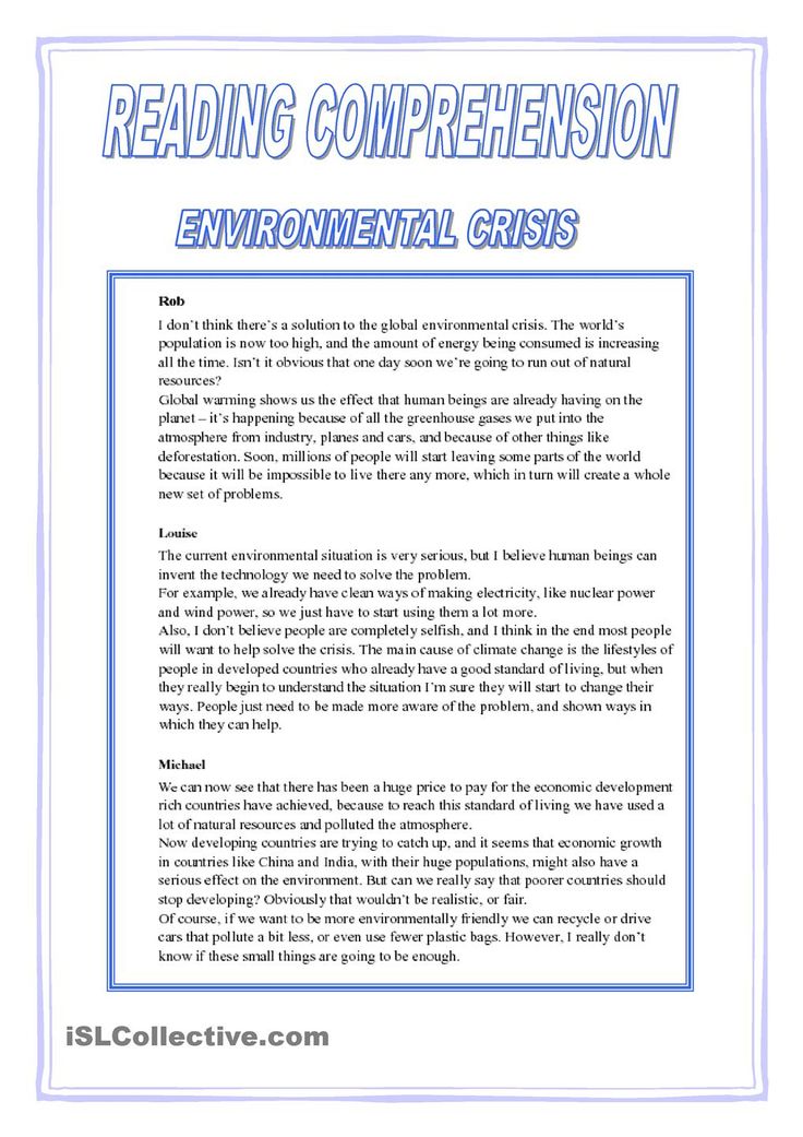 the environmental crisis worksheet is shown in blue and white, with text that reads reading