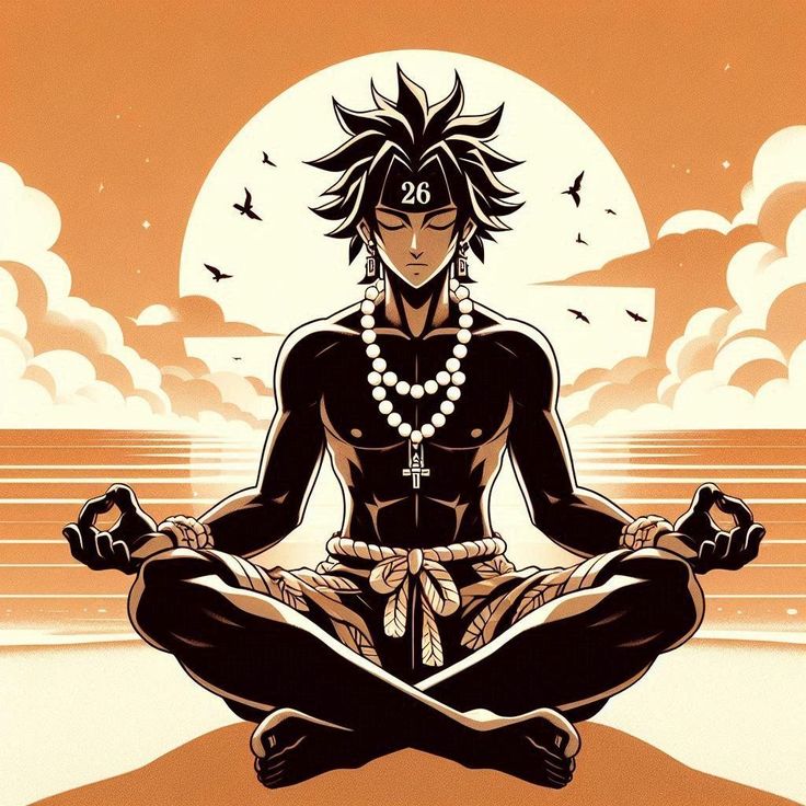 an anime character sitting in the middle of a yoga pose with birds flying around him