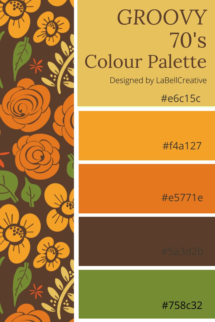 the color palette for grooy 70's, featuring orange and green flowers