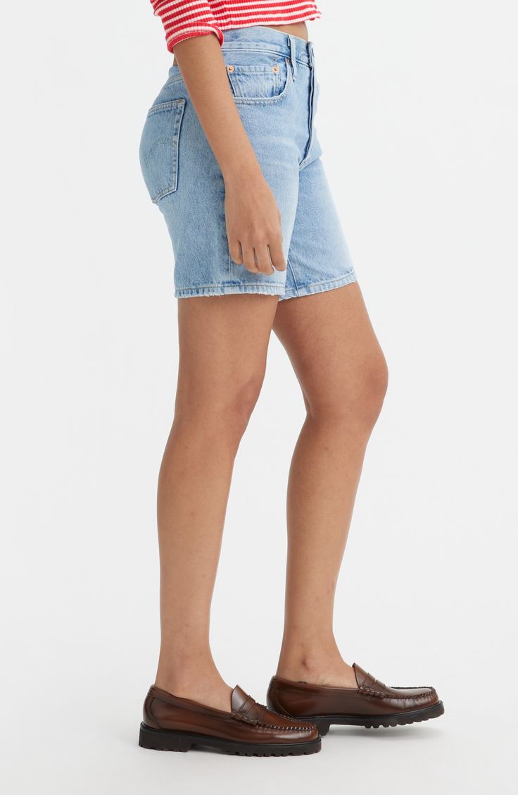 An update to the iconic 501 silhouette, these cleanly styled shorts are made from nonstretch denim in a mid-thigh length that's comfy and classic. 6" inseam; 22" leg opening; 10 1/2" front rise; 16 1/2" back rise (size 29) Button fly Five-pocket style 100% cotton Dry clean or machine wash, tumble dry Imported Classic Fitted Cutoff Jean Shorts, Classic Light Wash Short Length Bottoms, Classic Fitted Medium Wash Shorts, Classic Fitted Mid-rise Jean Shorts, Spring Denim Jean Shorts Mid-thigh Length, Levi's Relaxed Fit Short Jeans, Levi's Short Length Relaxed Fit Jeans, Medium Wash Mid-thigh Jean Shorts For Spring, Fitted Medium Wash Bermuda Shorts