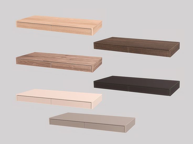 five different types of wooden furniture on a gray background, each with one drawer open and the other closed